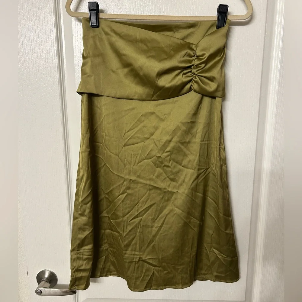 Olive Green Satin Ruched Midi Skirt